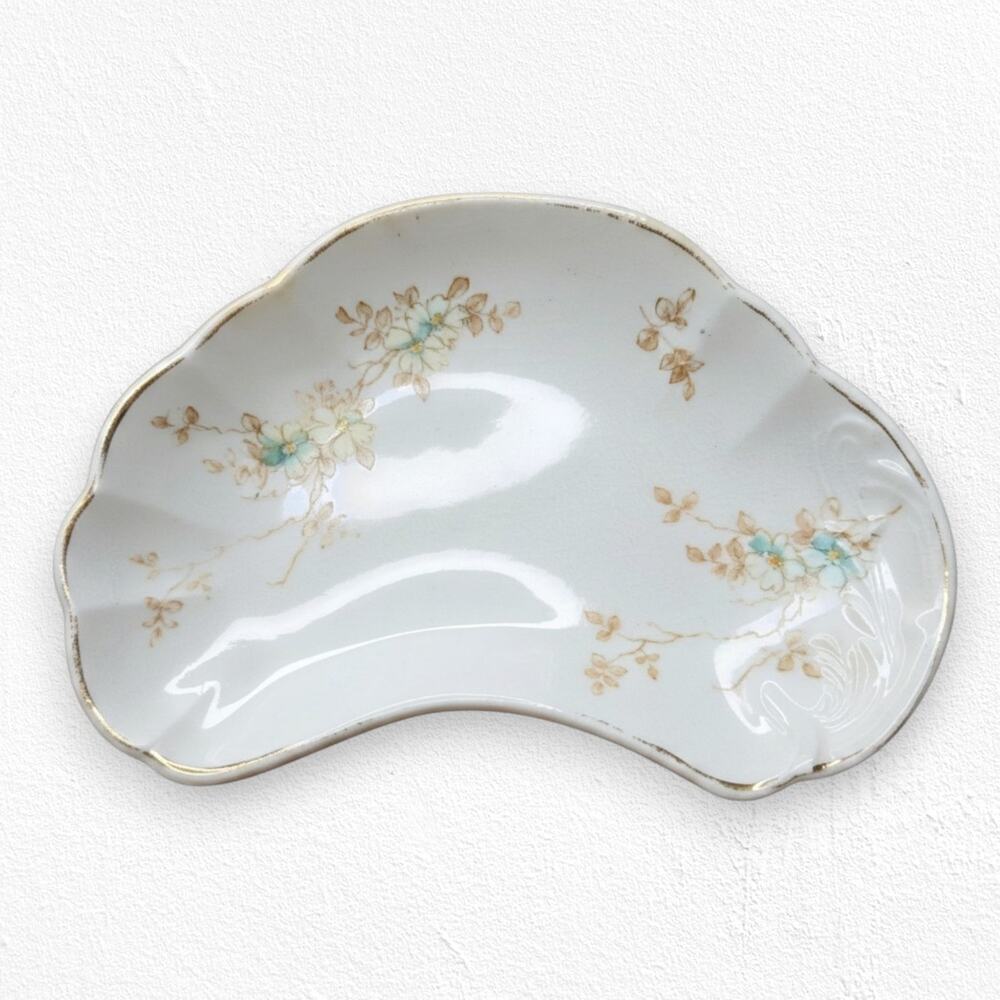 Antique Blue Floral Bone Porcelain Royal Hand Painted Trinket Dish